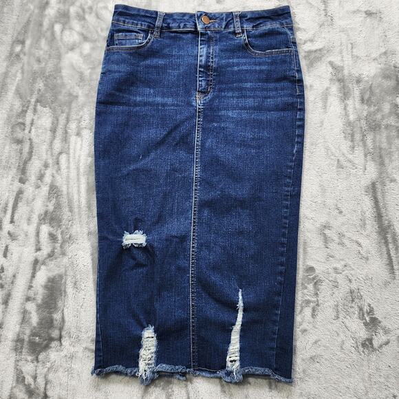 Vintage Y2K A2Y Skirt Womens M Blue Slim Fit Knee Length Back Slit Denim Pencil - Picture 1 of 11